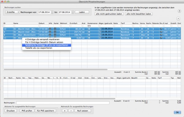 Übersicht Privatrechnungen - csv Export