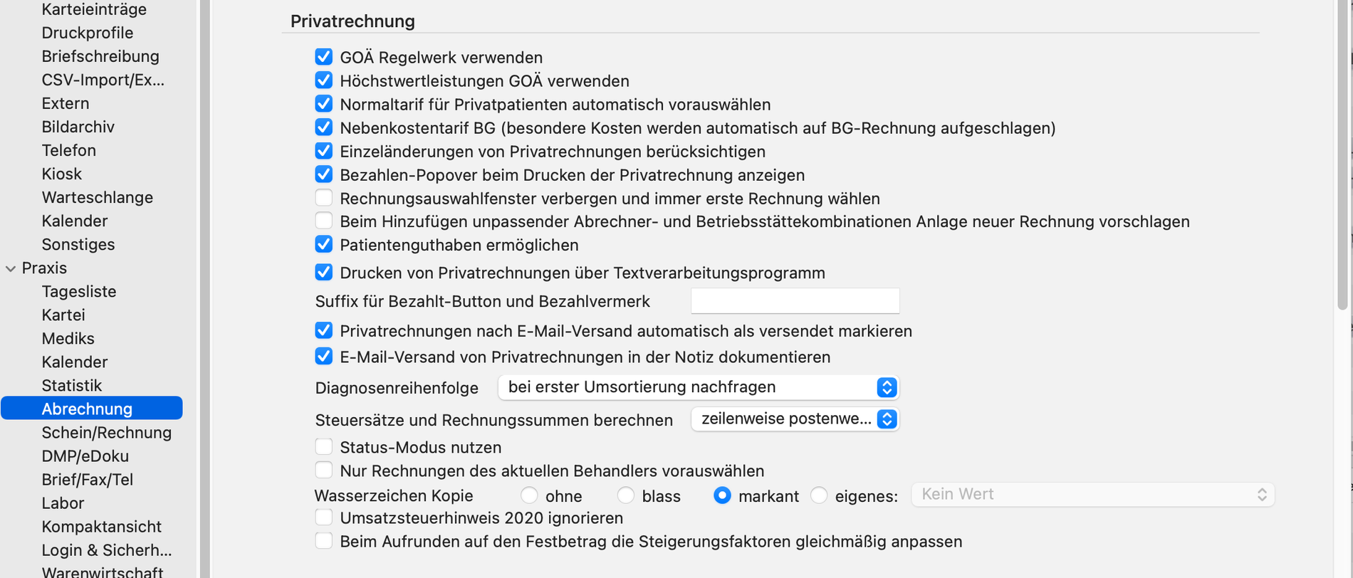 Einstellungen Privatabrechnung