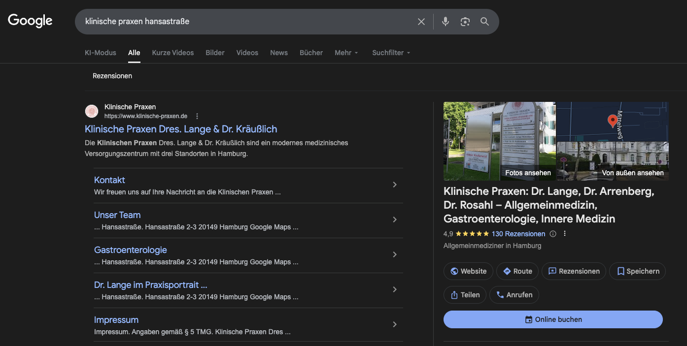 Screenshot einer Beispielpraxis mit "Onine buchen" Button